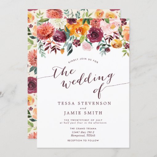 Paprika Burgundy Floral Wedding Invitation | Zazzle