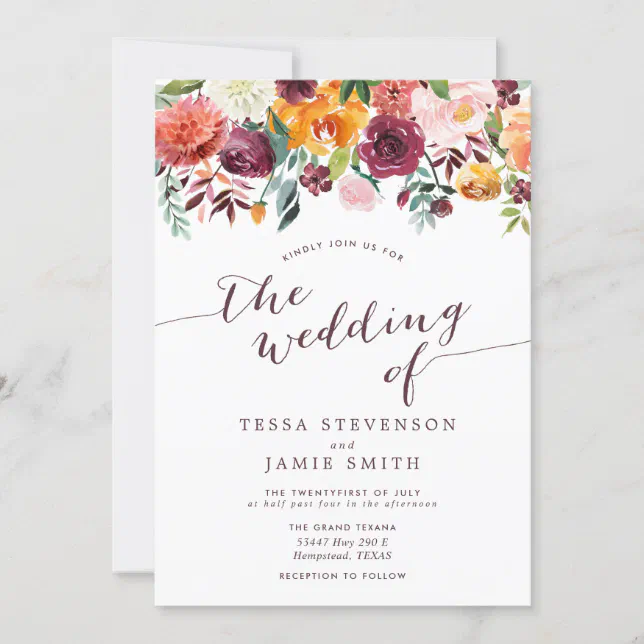 Paprika Burgundy Floral Wedding Invitation | Zazzle