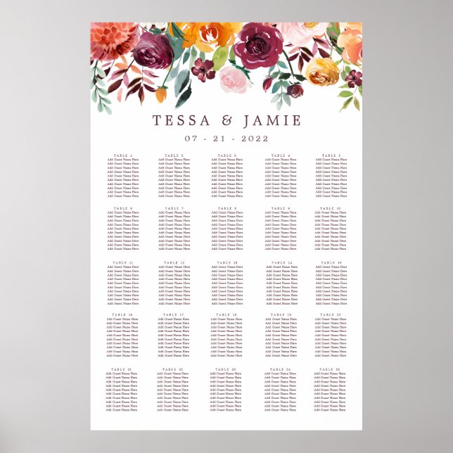 Paprika Burgundy Floral Wedding XL Seating Chart (Front)