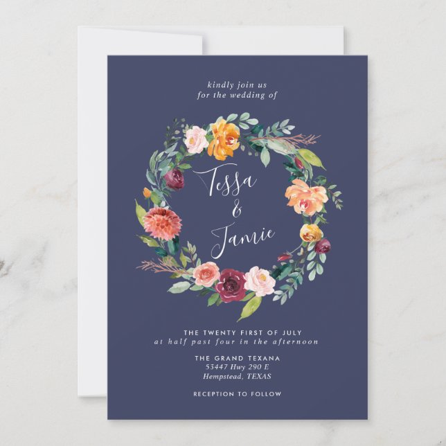 Paprika Burgundy Floral Wreath Wedding Invitation (Front)