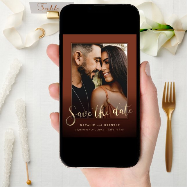 Paprika Sienna Gold Script & Marble Photo Overlay Save The Date (Front Digital)