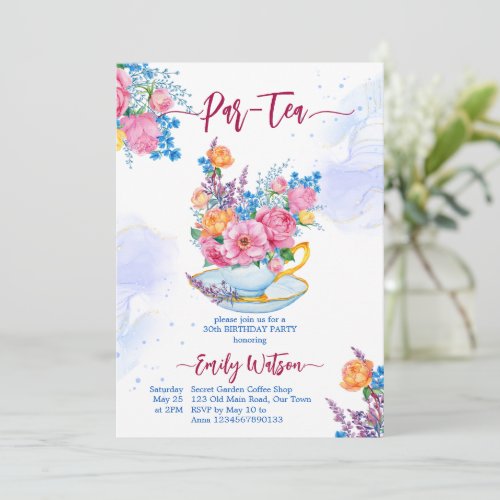  Par_tea birthday party cup filled with flowers Invitation