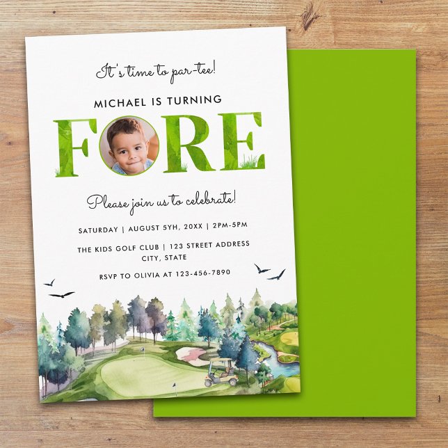 Par-tee 4th Birthday Golf First Birthday Photo Invitation (Front and Back)