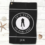 Par Tee Golfer Funny Humor Monogram Black For Him  Golf Towel<br><div class="desc">Funny custom design features a male golfer silhouette in classic black set on a white shape bordered with curved text "It's Time To Par Tee!" in crisp white font. You will also find a modern template for a monogrammed name, initials or custom text. The background is solid black. If you...</div>