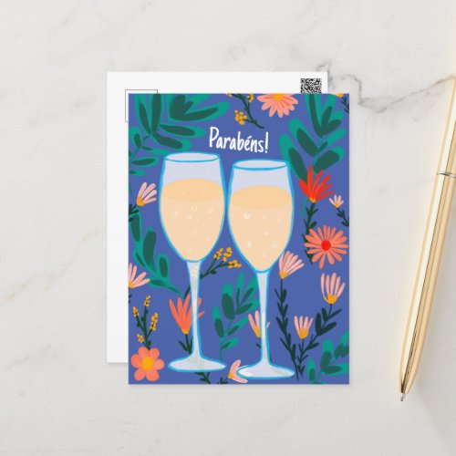 Parabens Sparkling Wine Champagne Floral Congrats Postcard