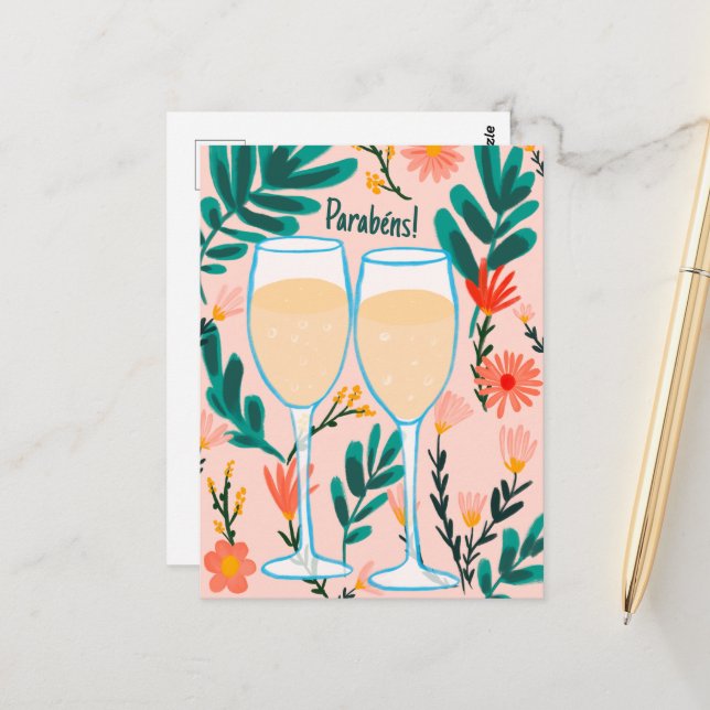 Parabens Sparkling Wine Champagne Floral Congrats Postcard (Front/Back In Situ)