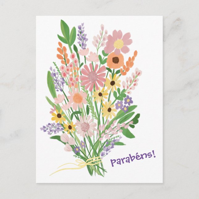 Parabens Wildflowers Handpainted Gouache Congrats Postcard (Front)