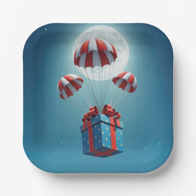 Parachutes Delivering a Christmas Gift  Paper Plates (Front)