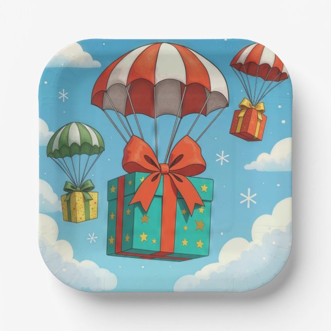 Parachutes Delivering Christmas Gifts  Paper Plates (Front)