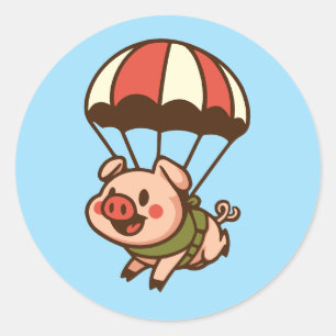 Parachuting pig classic round sticker