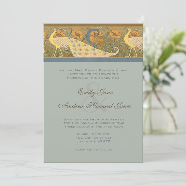 Parade Art Nouveau Peacock Bird Wedding Invitation (Standing Front)