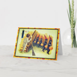Parade of Black Cats Jolly Halloween Vintage Card