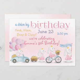 Parade of Pastel Pink Bunnies Drive By Birthday Invitation