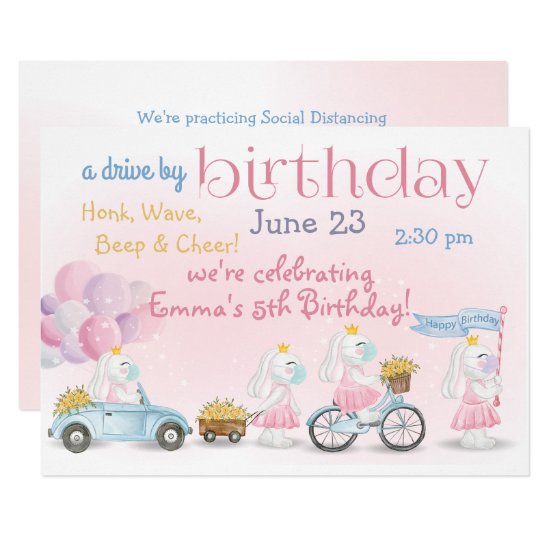 Parade of Pink Bunnies  Drive By  Birthday Invitation