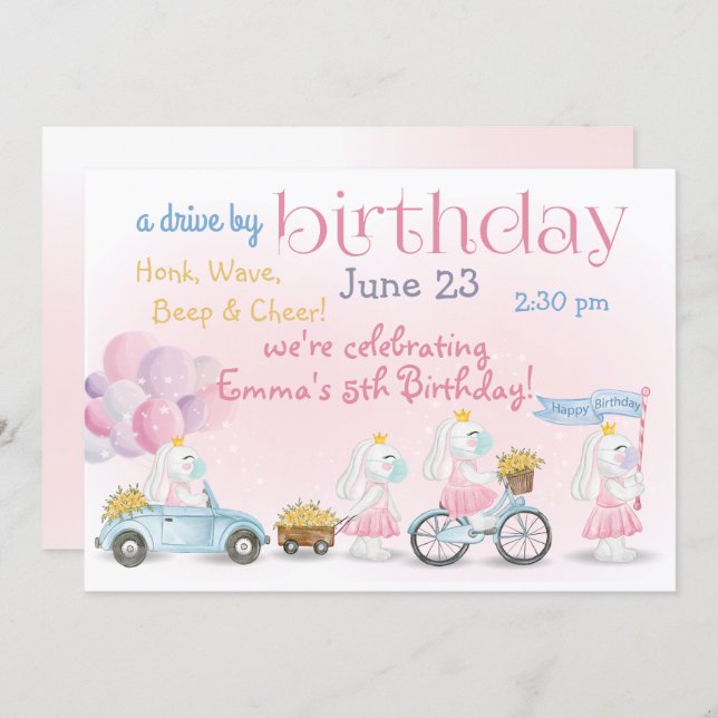 Parade of Pink Bunnies  Drive By  Birthday Invitation (Front/Back)