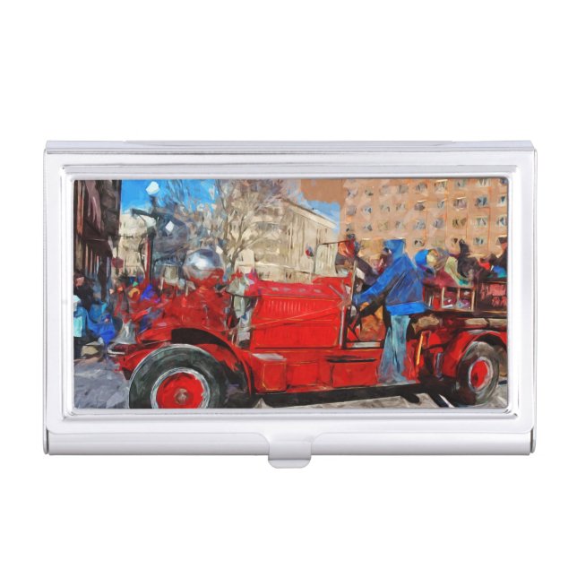 Parading Antique Fire Truck Abstract Impressionism Case For Business Cards (Front)