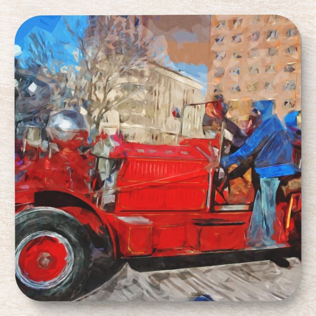 Parading Antique Fire Truck Abstract Impressionism Coaster (Front)