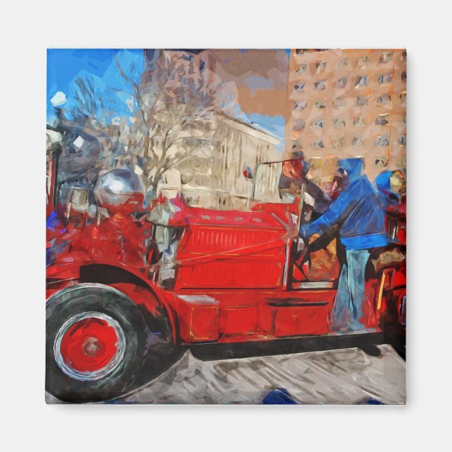 Parading Antique Fire Truck Abstract Impressionism Magnet (Front)
