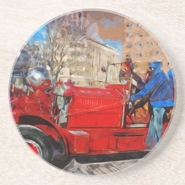 Parading Antique Fire Truck Abstract Impressionism Sandstone Coaster (Front)