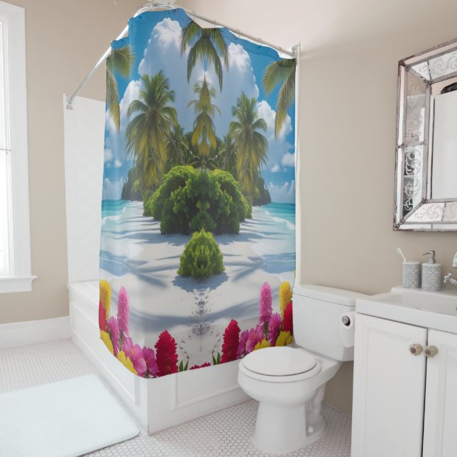 "Paradise Awaits: Coastal Bloom Shower Art Curtain (In Situ)