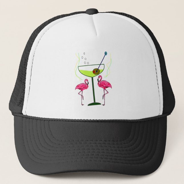 "Paradise Awakening"--Pink flamingo & Martini Trucker Hat (Front)