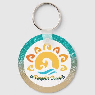 Paradise Beach, Retro Sun and Tropical Ocean Wave Keychain