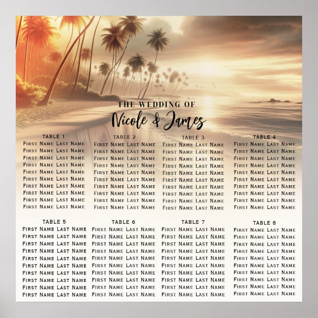 Paradise Beach Sunset Coastal Wedding Seating  Poster (Front)