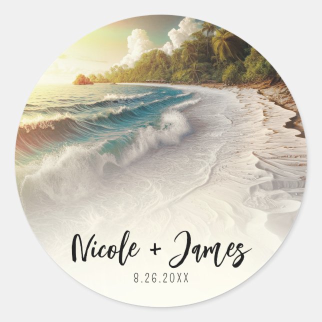 Paradise Beach Sunset Rustic Coastal Wedding Classic Round Sticker (Front)