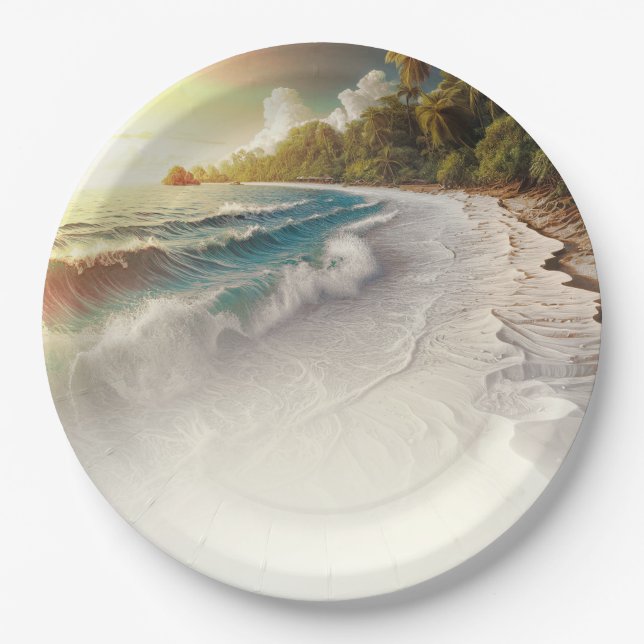 Paradise Beach Sunset Rustic Coastal Wedding Paper Plates (Front)