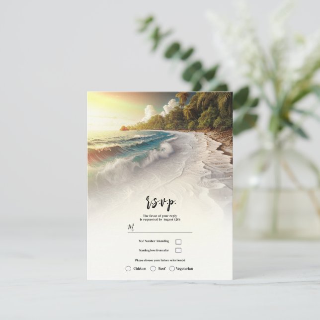 Paradise Beach Sunset Rustic Coastal Wedding RSVP Invitation (Standing Front)