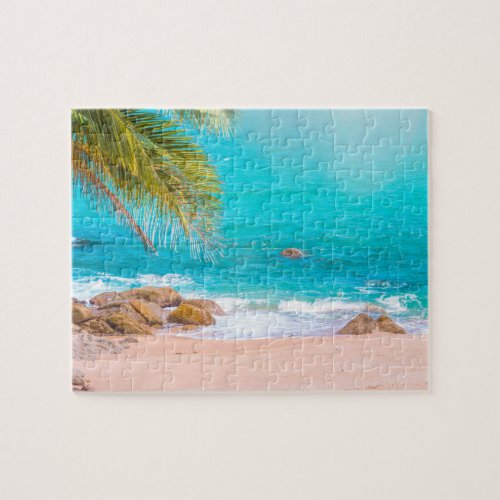 Paradise Beach Sunset with Palm Trees Jigsaw Puzzle