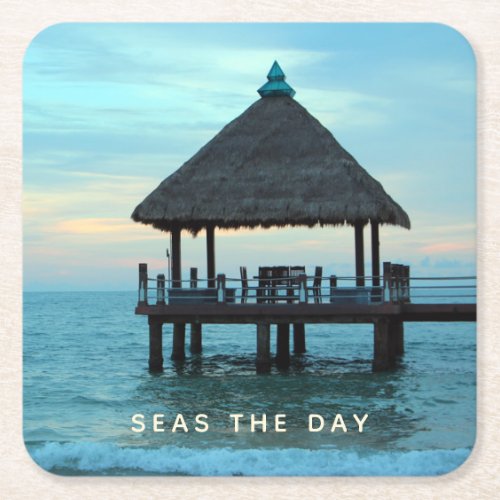 Paradise Beach Tiki Hut Square Paper Coaster