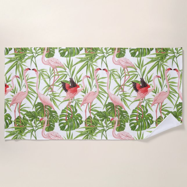 Paradise Bird Flamingo Tropical Plants Beach Towel (Front)
