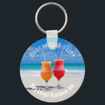 Paradise Cocktails in Beach Sand Room Key Keychain<br><div class="desc">Room key keychain,  with curved text templates,  for an inn or hotel in a tropical location.  Two drinks on a tropical beach is the image on this key ring to create for personal or business use.</div>