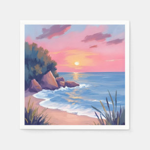 Paradise Cove   Pink Watercolor Ocean Waves Sunset Napkins