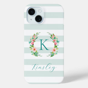 Paradise Floral and Mint Stripes Monogram iPhone 15 Case