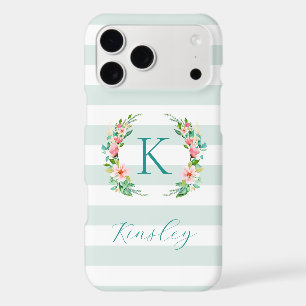 Paradise Floral and Mint Stripes Monogram iPhone 17 Pro Max Case