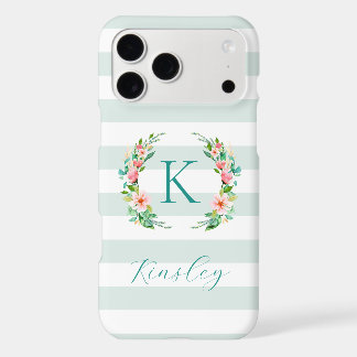 Paradise Floral and Mint Stripes Monogram iPhone 17 Pro Max Case