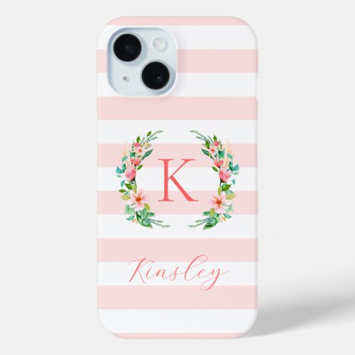 Paradise Floral and Pink Stripes Monogram iPhone 15 Case