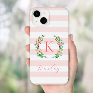 Paradise Floral and Pink Stripes Monogram Case-Mate iPhone 14 Case