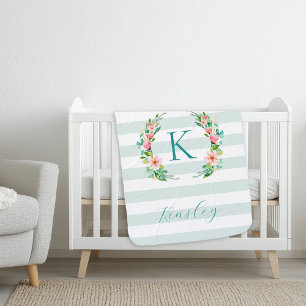 Paradise Floral and Stripes Monogram Baby Blanket