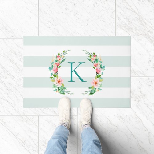 Paradise Floral and Stripes Monogram Doormat