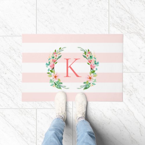 Paradise Floral and Stripes Monogram Doormat