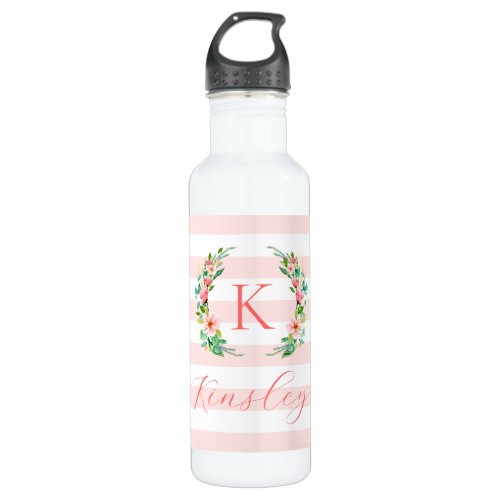 Paradise Floral and Stripes Monogram Stainless Steel Water Bottle