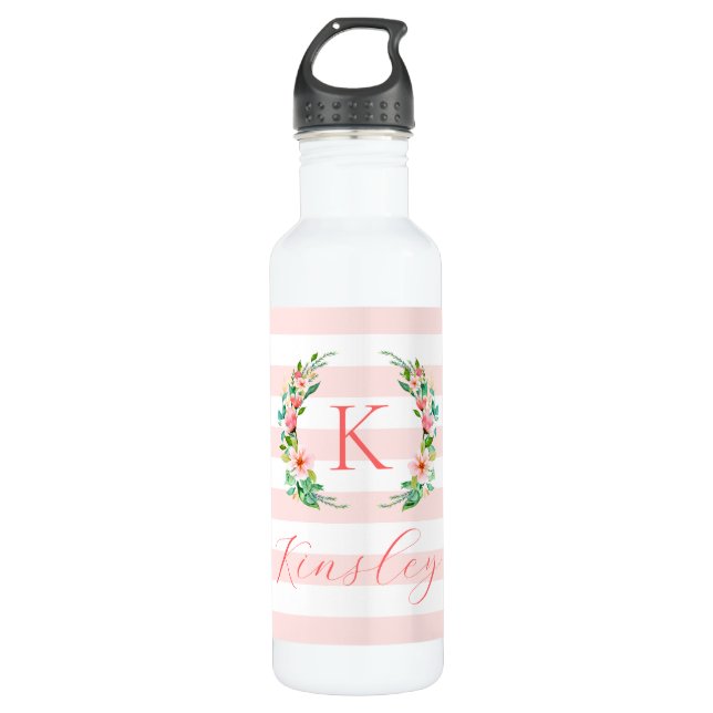 Paradise Floral and Stripes Monogram Stainless Steel Water Bottle (Front)