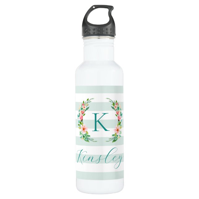 Paradise Floral and Stripes Monogram Stainless Steel Water Bottle (Front)