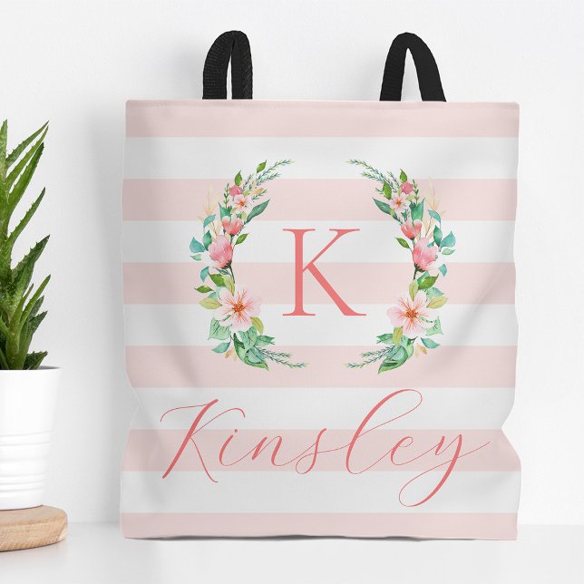 Paradise Floral and Stripes Monogram Tote Bag (Creator Uploaded)