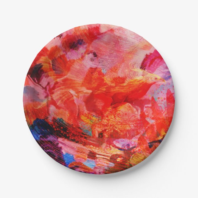 Paradise Floral Bird Phoenix Rising Flame Art Paper Plates (Front)