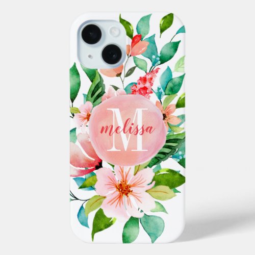 Paradise Floral Watercolor Monogram iPhone 15 Case