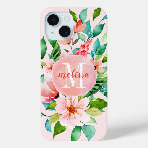 Paradise Floral Watercolor Monogram iPhone 15 Case